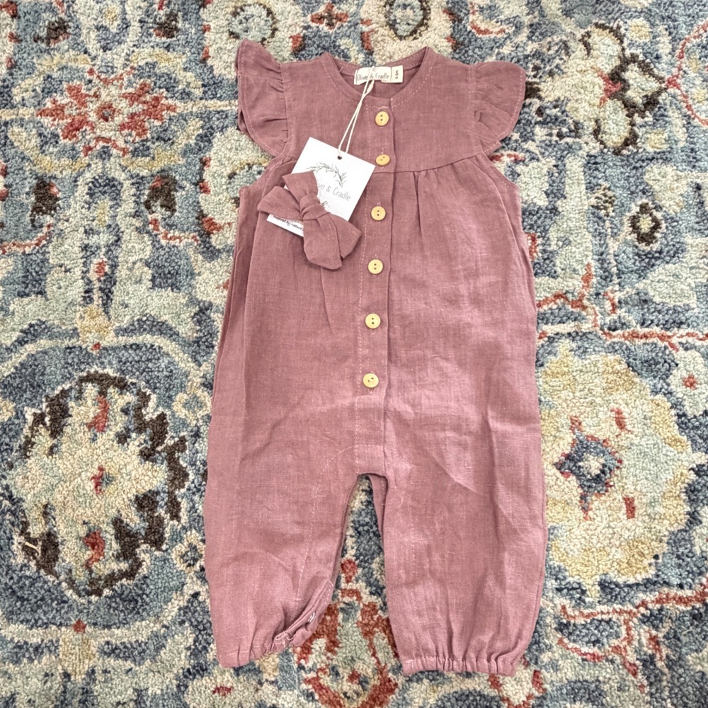 Olive & Cradle Linen Romper Girls 0-3M Mauve Ruffle Boho Cottagecore NWT